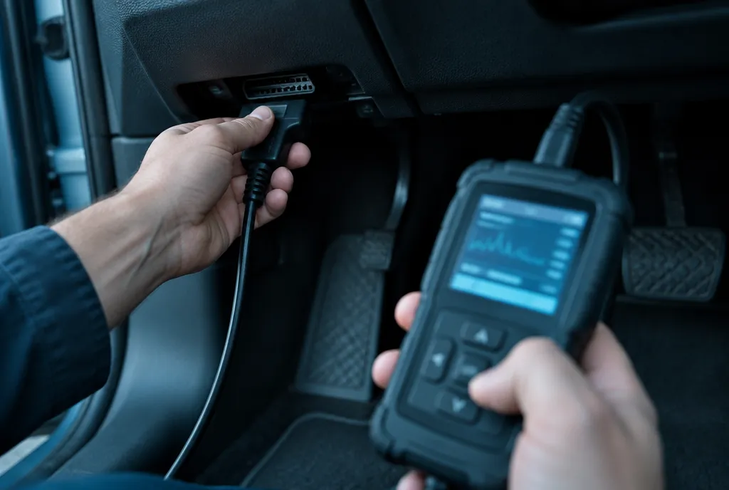 Diagnosegerät am OBD-Anschluss eines Fahrzeugs