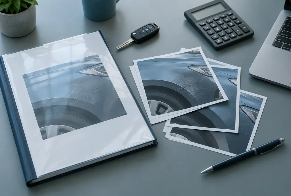 Gutachtenmappe mit Fotoblättern auf einem Schreibtisch