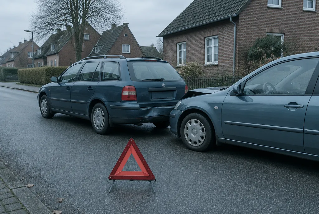 Auffahrunfall mit Warndreieck auf einer Wohnstraße